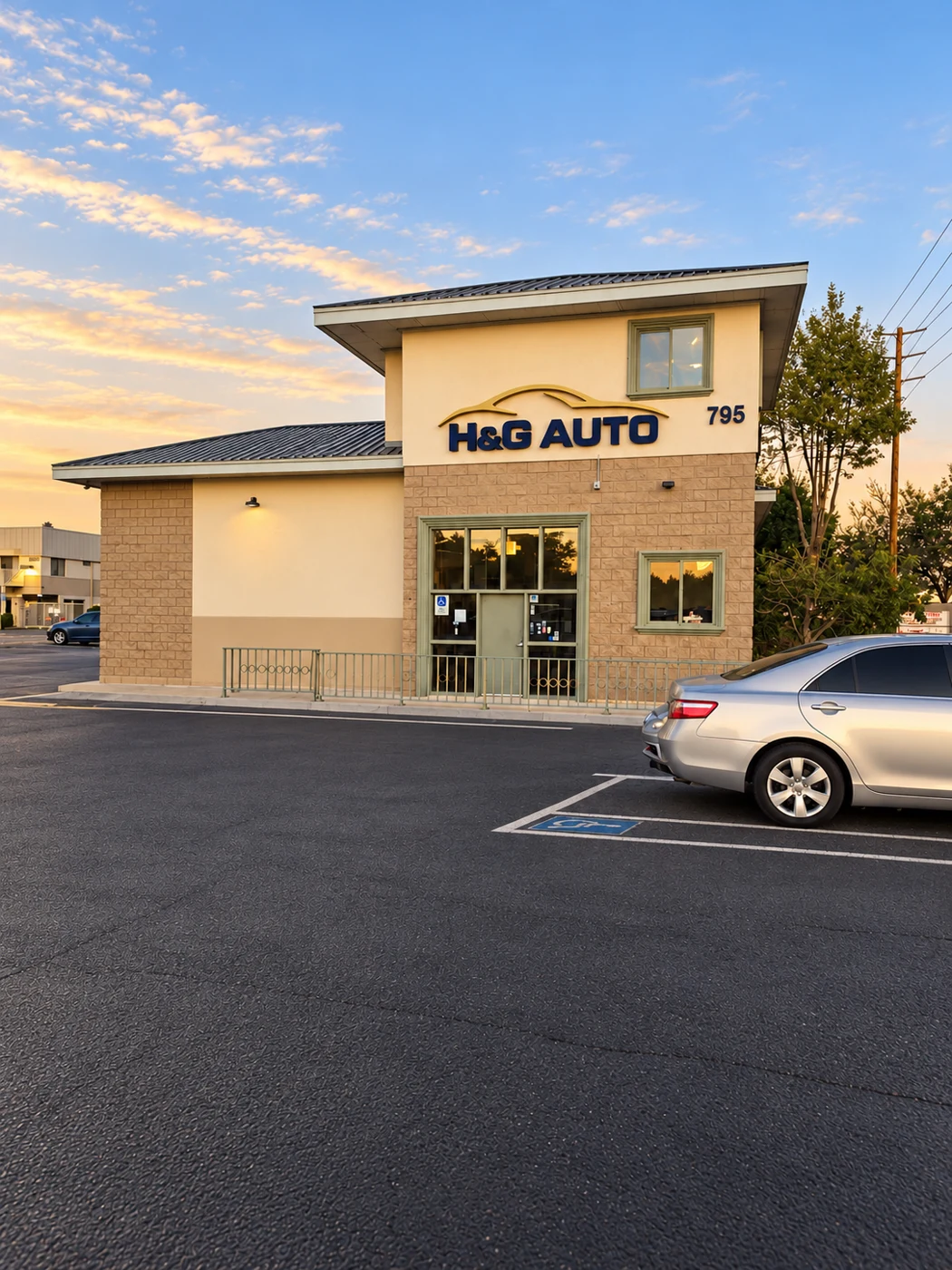 Design visualization of the H&G AUTO dealership exterior at 795 Los Angeles Avenue